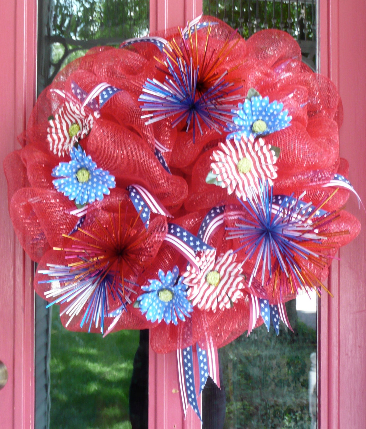 Fourth of July Deco Mesh/Ribbon/Flower/Fireworks Wreath in Red/White/Blue Gift/Patriotic/Decoration/Centerpiece