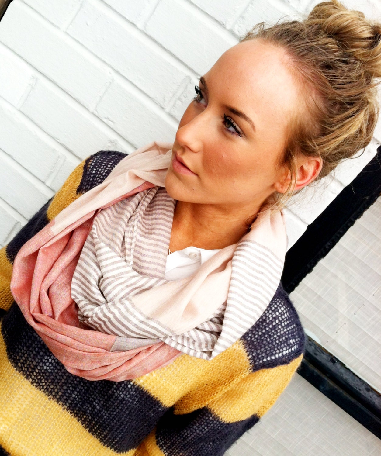 Coral Pashmina Infinity Scarf with Pastel Stripes and Color Blocking - A Chip Off the Old Color Block Scarf (SCF1B)