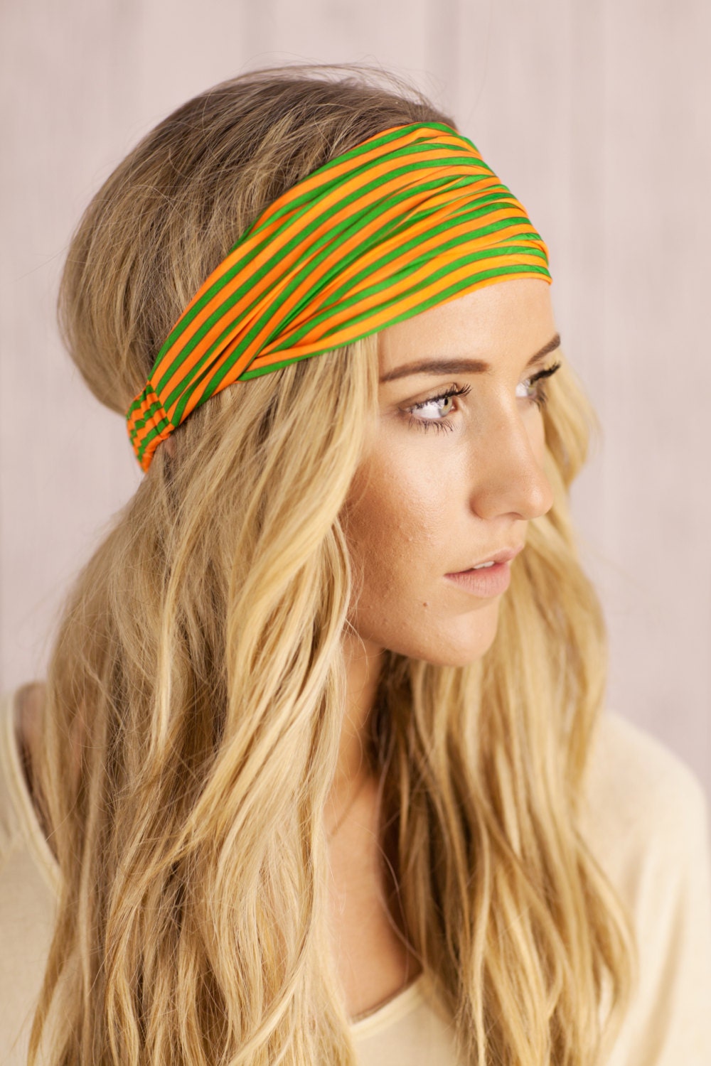 Striped Headband Green and Tangerine Striped Hair Band Stretchy Women's Fashion Hair Accessory by Three Bird Nest