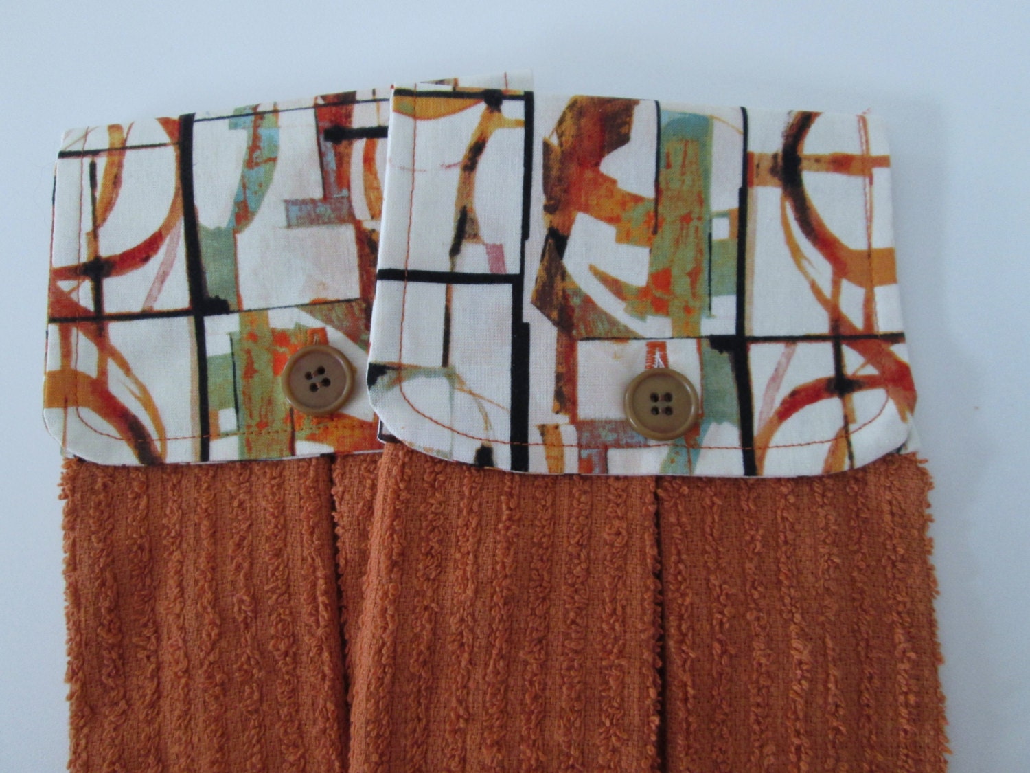 Hanging Kitchen Towel Set-  Beige Black Orange Teal Cotton Fabric  Rusty Orange Terry Cloth Towels   Button Closure