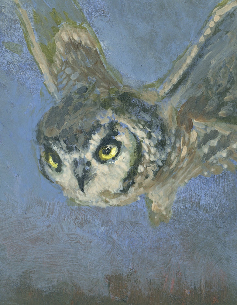 Flying Owl, Original Acrylic Painting, Bird Painting, night, mystical, blue attraction, framed small art