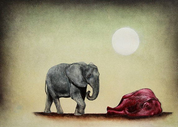 Art Print. Moon Elephant Death. Say Goodnight Not Goodbye.