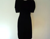 Vintage 1980's does 1950's Black Velvet Dress by Lanz w/ Embroidery and Satin Trim S