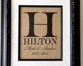 Personalized Burlap MONOGRAM, Name and Est. Date, Gift for Weddings, Engagements, Showers, Announcement