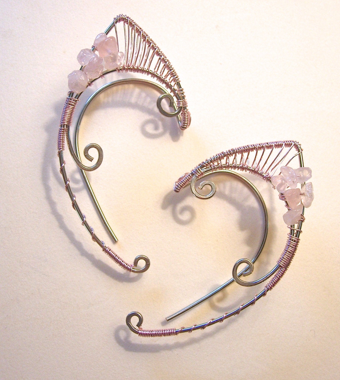Pair of Elf Ear Cuffs with Genuine Rose Quartz, Renaissance, Elven