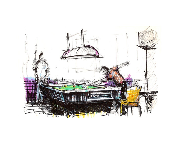 Art Marker Sketch Print: "Pool Hall", by Luis E. Aparicio - Garabateando Art Marker Sketch Print: "Pool Hall", by Luis E. Aparicio - Garabateando