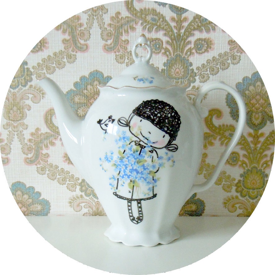 Big hand painted vintage flower girl - tea / coffee pot