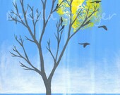 8"x10"x.5" acrylic painting-tree in water on blue sky with sun-flying birds painting-