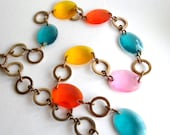 Mod Necklace, 1960s, 1970s, Vintage Lucite and Brass, 32", Pink, Aqua, Yellow, Orange, Jewelry, Jewellery from All Vintage Lady