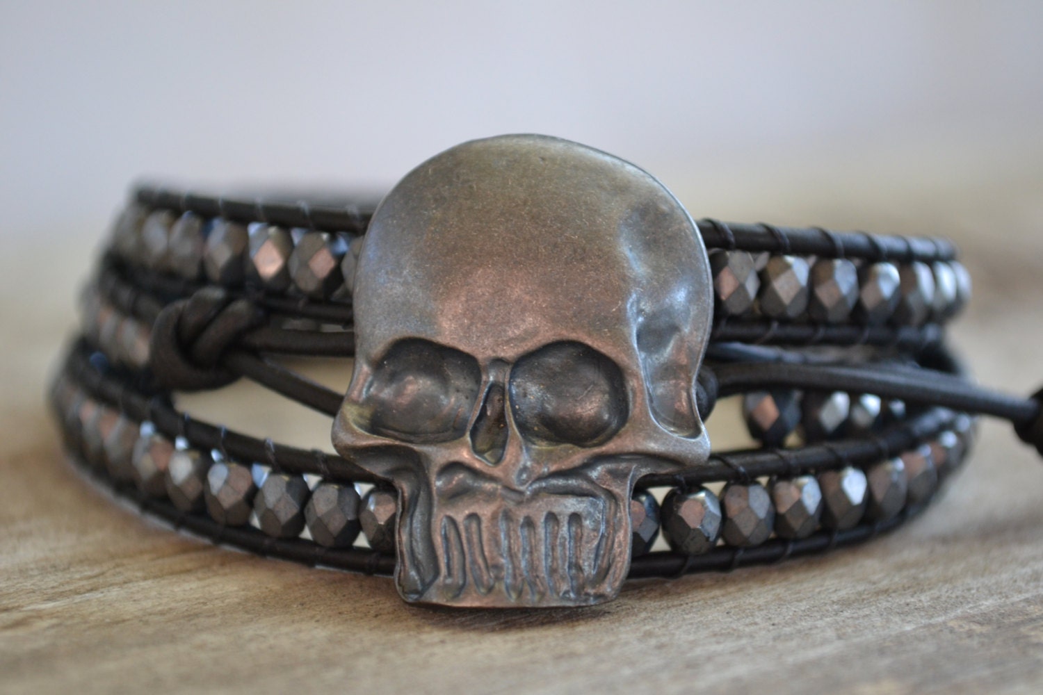 A gypsy's soul, hematite beaded, black leather triple wrap bracelet, Rustic Country, Gypsy,  Boho chic, bohemian, Chan Luu style