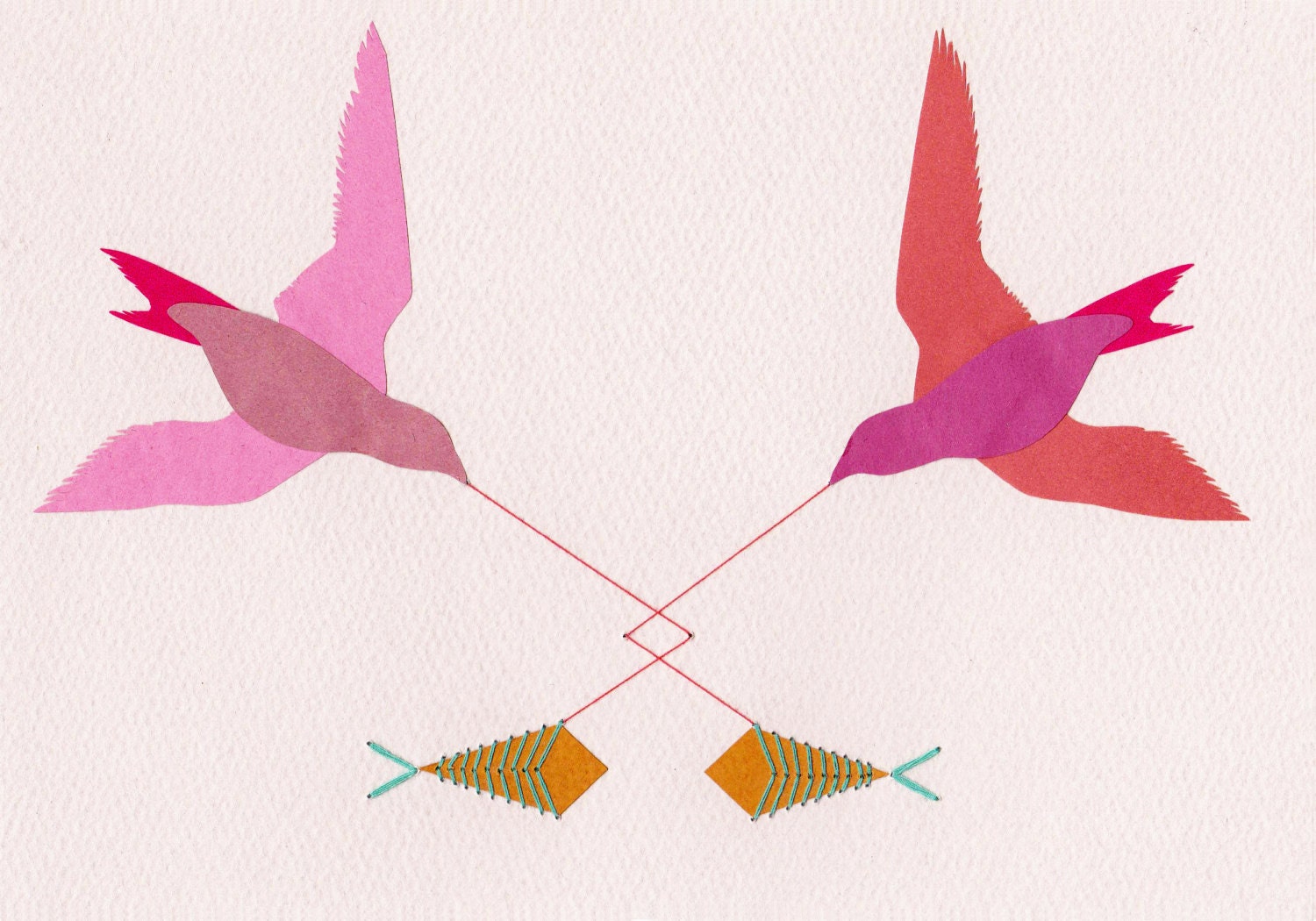 Collage with Couple of Birds and Couple of Fish // Original Collage