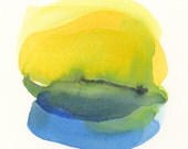original watercolor painting, loose forms in blue, green and yellow, modern watercolor art