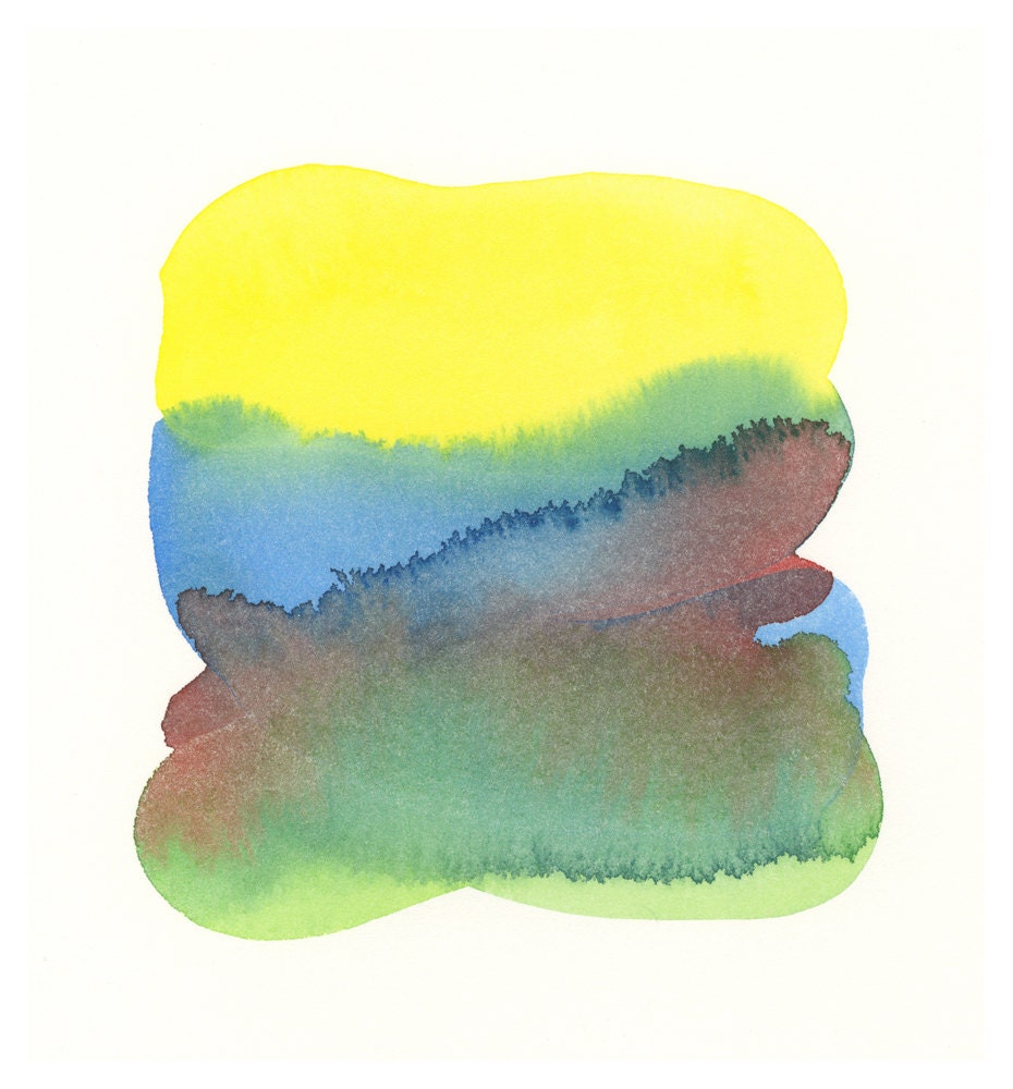 original abstract watercolor painting, criss cross blending color form in yellows, greens, blues and red, modern wall art