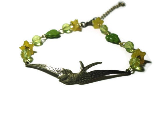 Daffodil Narcissus and swallow bracelet, Czech glass