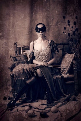 Fine Art  Vintage Portrait of a woman with mask, monochrome, Mask Play- Original Fine Art Photography Prin, 6"x8", under 20