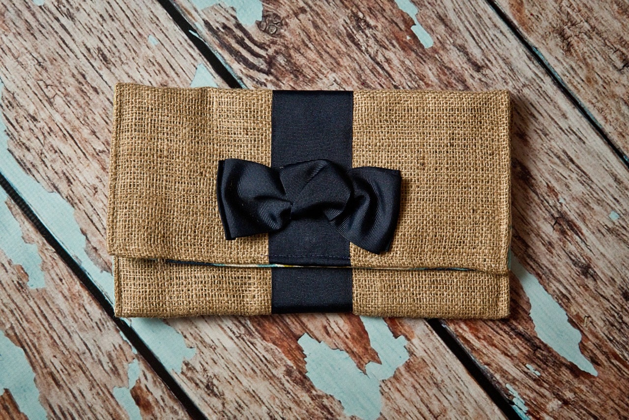 Kate Spade inspired burlap clutch- BLACK Grosgrain Ribbon