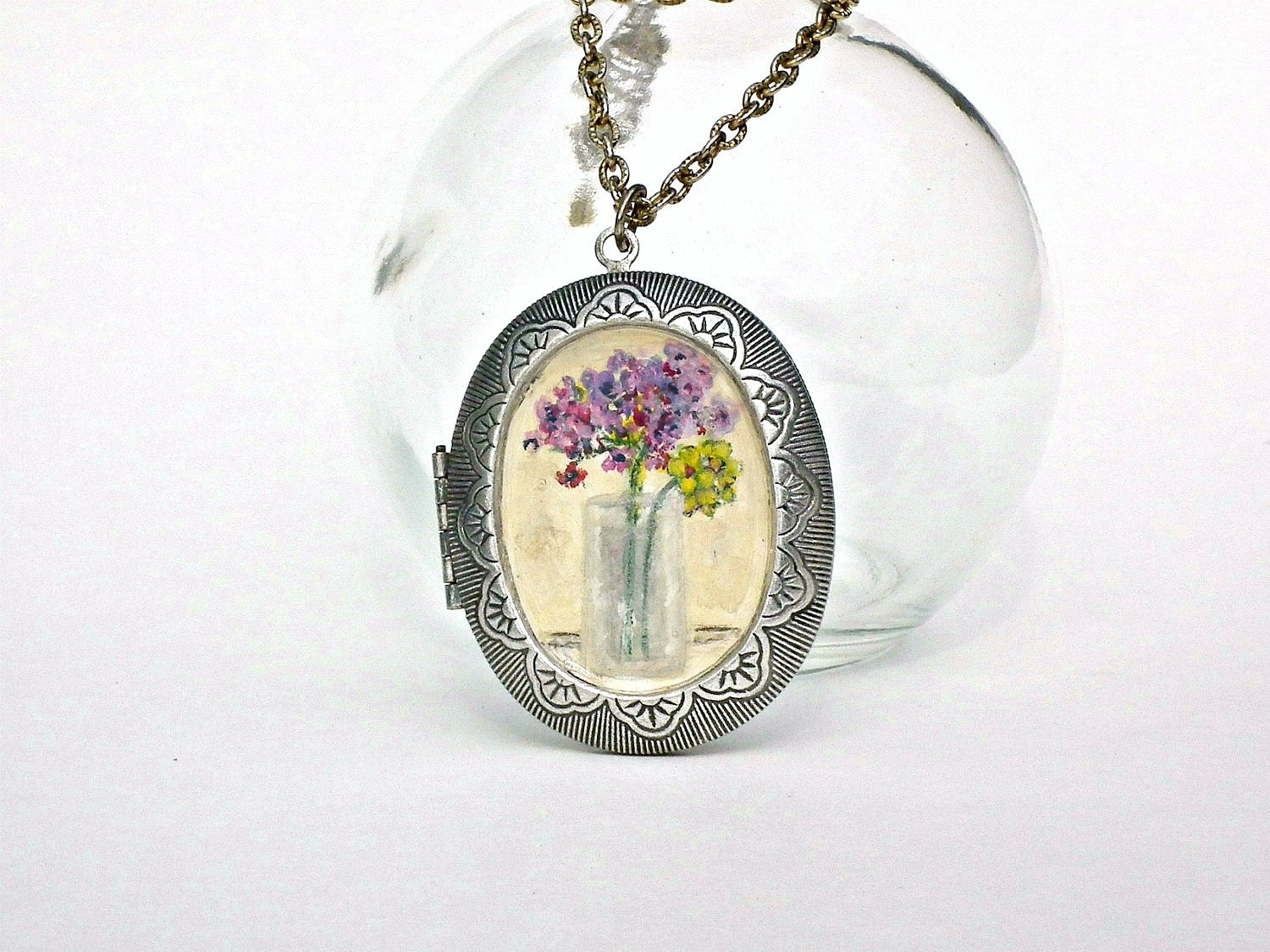 Art LARGE LOCKET Silver-toned metal  Hand Painted Necklace, Art Jewelry Handmade -Flowers , Original Lockets pendant opens up