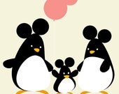 Nursery art print, Kids wall art, We are a family - Portrait of a penguins' family on a light warm grey background, 11x14, Art print.