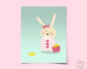 Nursery art print, Kids wall art, A lovely baby rabbit with stars on mint background, 8x10, Archival art print.