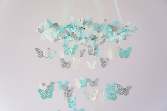 Nursery Decoration- Butterfly Mobile in Aqua, Gray & White- Photography Prop, Baby Shower Gift