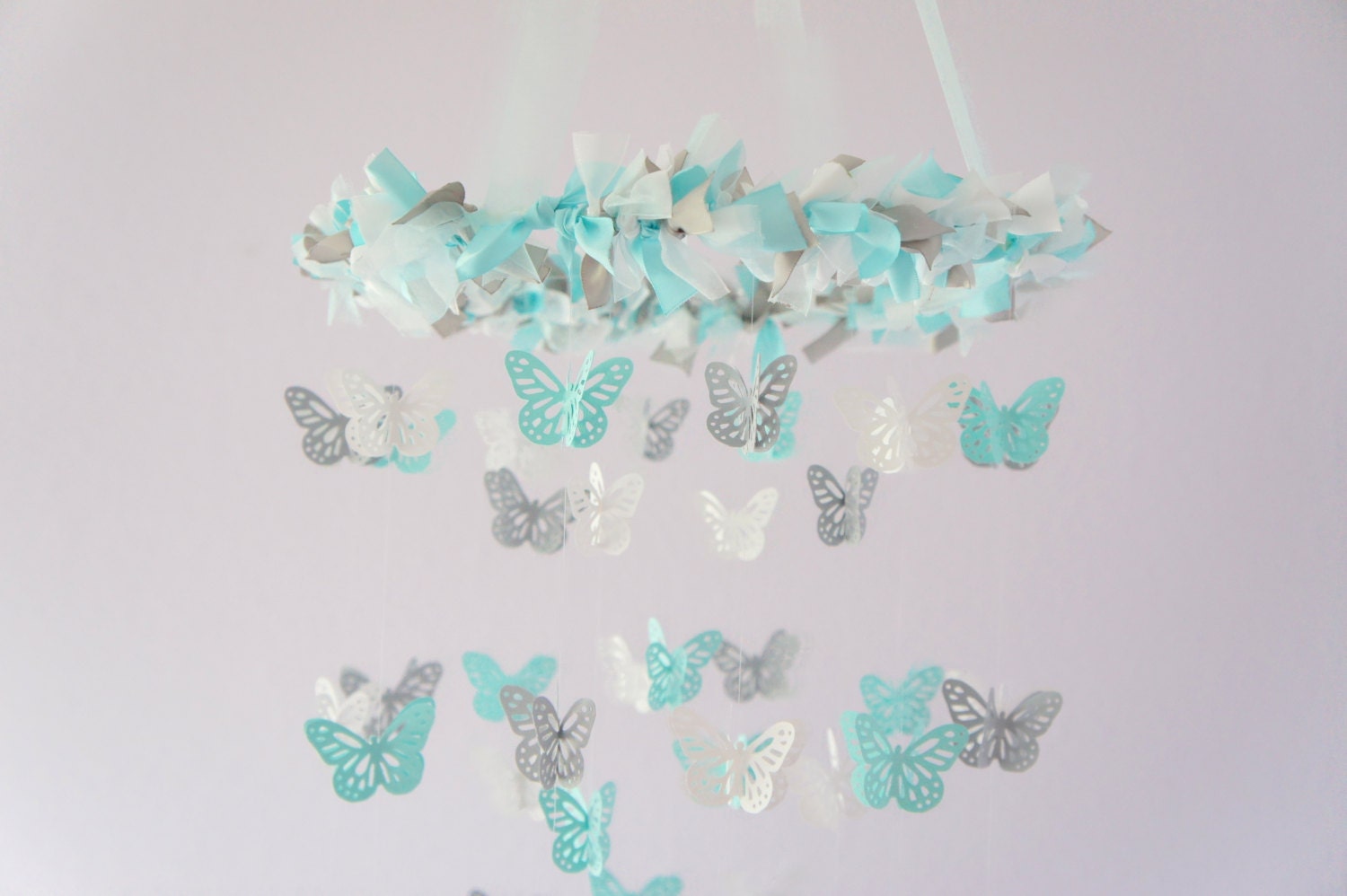 Nursery Decoration- Butterfly Mobile in Aqua, Gray & White- Photography Prop, Baby Shower Gift