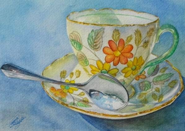 Miss Daisy China Teacup Matted  Watercolour Giclee Print