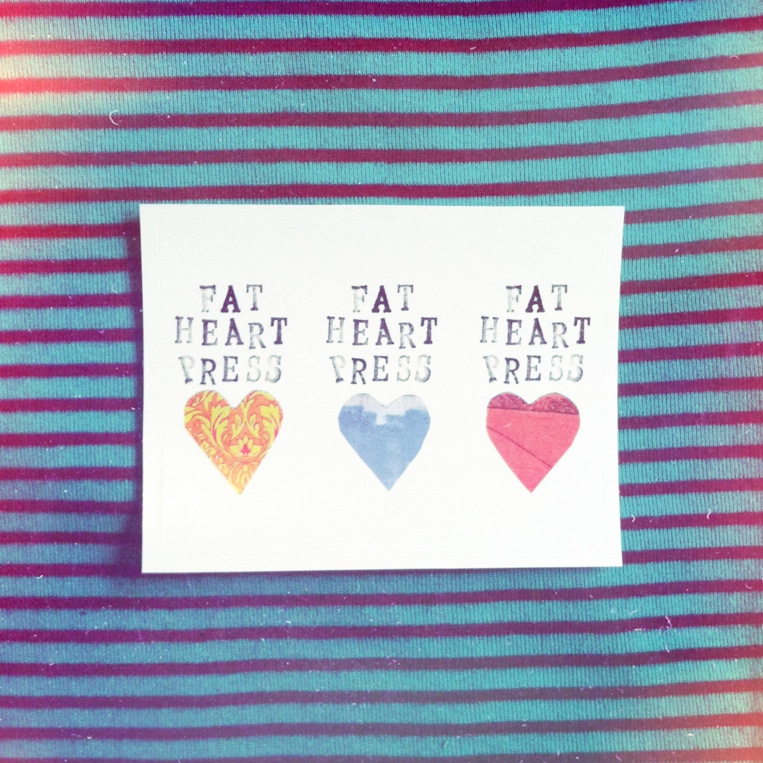New Fat Heart Press stickers stamped logo and three colors of cutout hearts 3 x 4