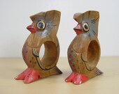 1970s Owl Linen Napkin Rings - Set of 2 - Wooden Love Birds