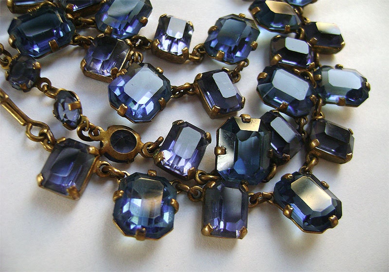 Art Deco Czech Emerald cut  Blue Purple open back set crystal necklace Riviere elegant faceted stones