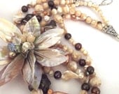 Hand-Made Flower, Mother of Pearl, Tan, Shell Pearl, Brown, Gold, Triple Strand Necklace, Party, Wedding, Necklace Set