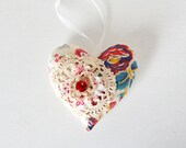 Romantic Red Heart Pillow Ornament - Vintage Textiles Fabric and Lace Soft Hanging Heart Decoration - Easter Mothers Day Gift