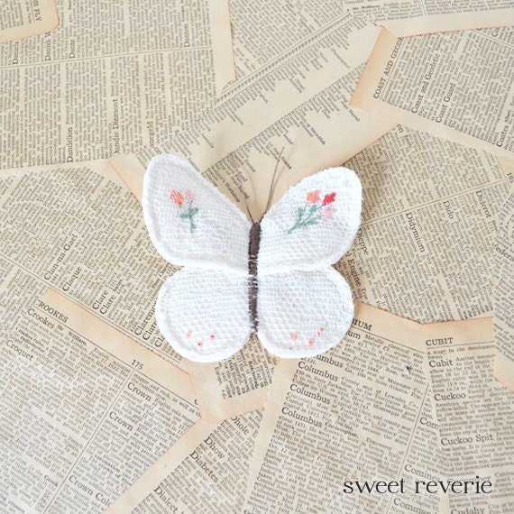 Spring Butterfly - Flower Garden Embroidered Textile Art - Pink, Coral, Peach Floral - DIY Brooch Pin for Mothers Day, Birthday, Wedding