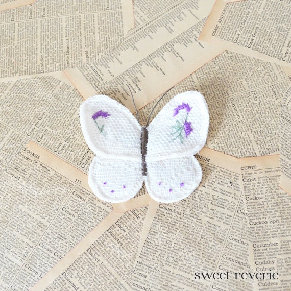 Spring Butterfly - Flower Garden Embroidered Textile Art - Violet Purple Floral - DIY Brooch Pin for Mothers Day, Birthday, Wedding