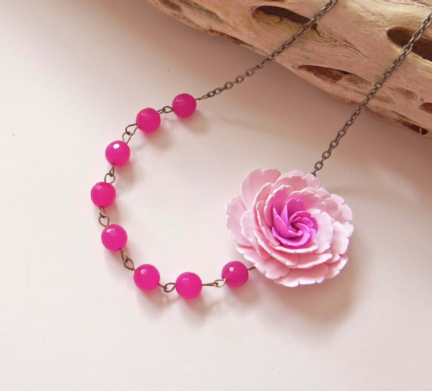 FREE EARRINGS, Pink Peony Flower Necklace,  Asymmetrical flower necklace, Bridal Necklace, Spring Jewelry, Shabby Chic Wedding Theme