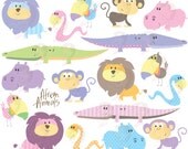 Cute Animals Clipart Baby African Animal Clip Art Baby Shower Pastel Wild Crocodile Monkey Hippo Snake Lion Toucan Illustrations 10487