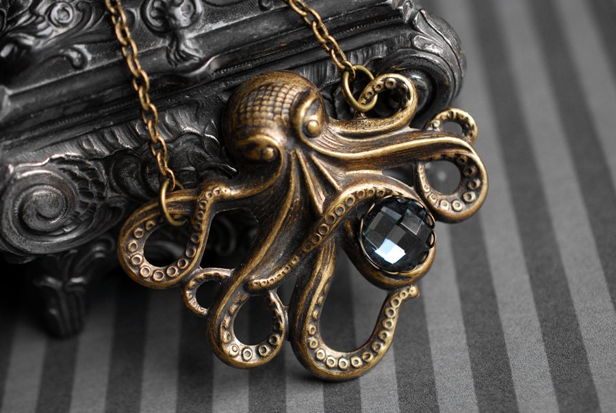Antique brass octopus necklace - steampunk, gothic jewelry