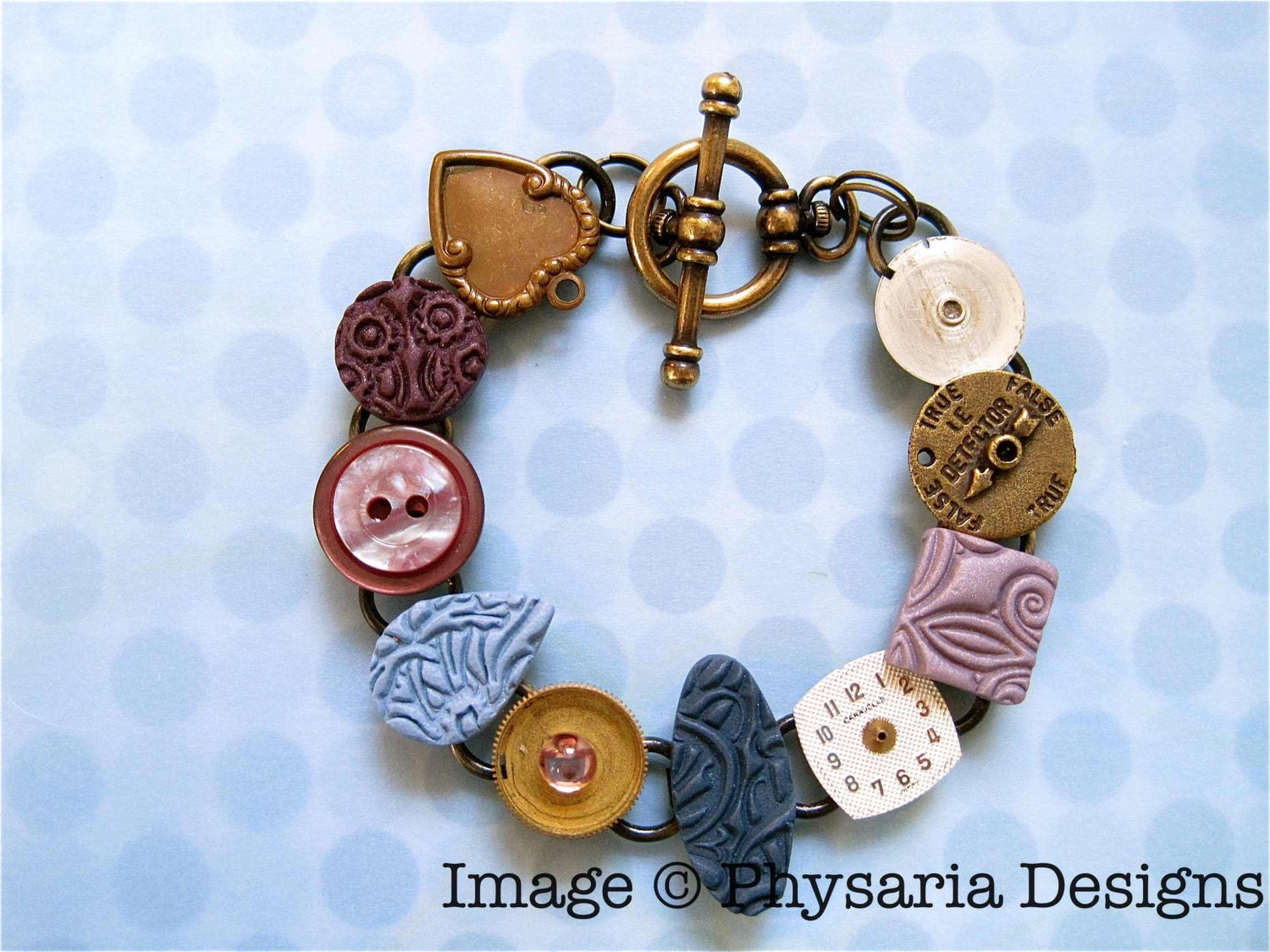 Bracelet Upcycled Watch Parts Assemblage Clay Tiles Blue Purple Fibs