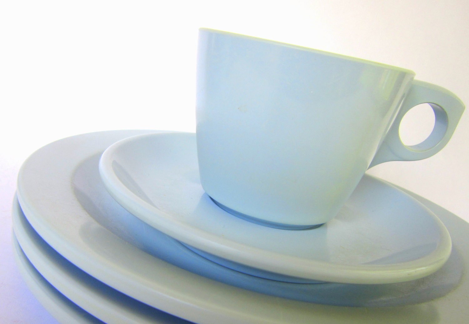 Mid-Century Blue Boontonware Melamine Dishes, 15 Piece Vintage Melmac Dinnerware Set, Plates, Bowls