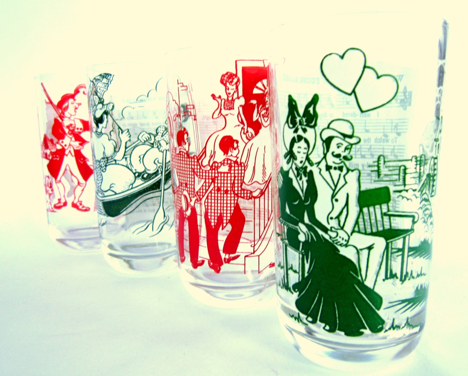 1950s "Sing-A-Song" Peanut Butter Glasses, Set of 4 Big Top Vintage Tumblers: Goodnight Ladies, Row Your Boat, Yankee Doodle and more