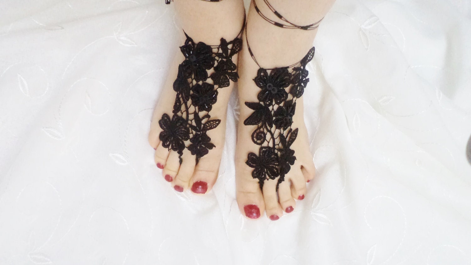 beach shoes, bridal sandals, beaded lariat sandals, wedding bridal, barefoot sandals, black accessories, wedding shoes, summer wear.