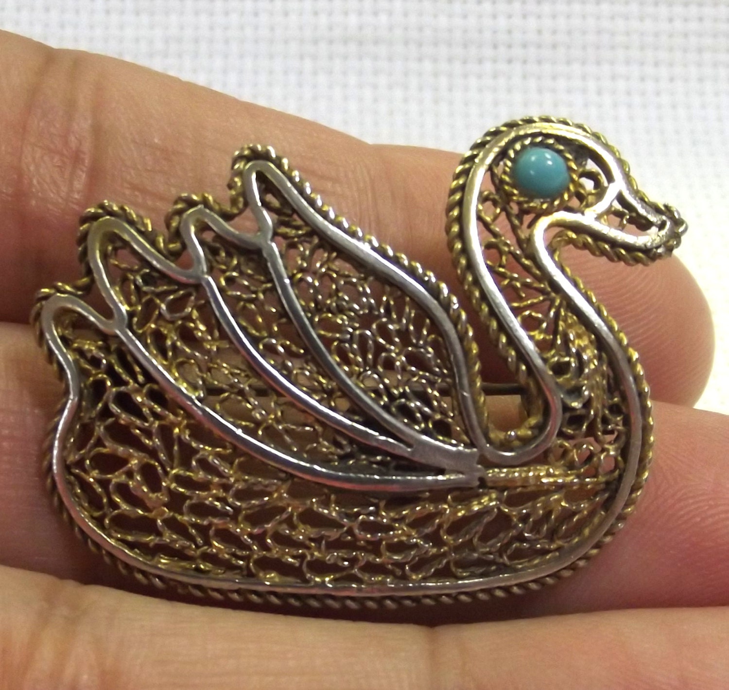 Vintage Swan Brooch, Sterling Silver, Turquoise Eye, Made in Israel, Filigree, Unique, Stamped