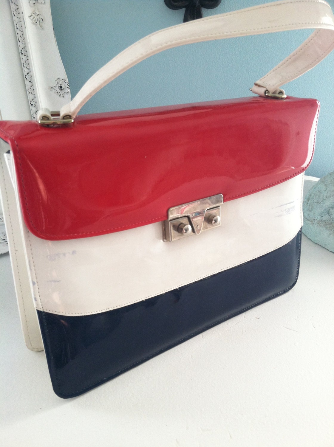 red and blue handbag