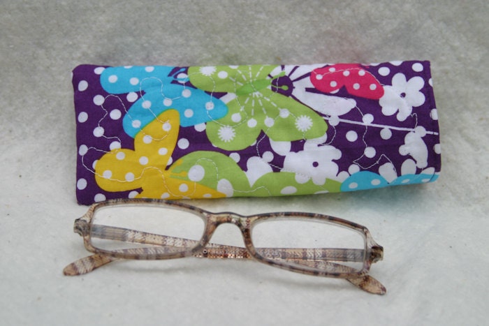 GC13-012  Eyeglasses Case - Blue Green Pink Yellow Butterflies and Polka Dots - THIN