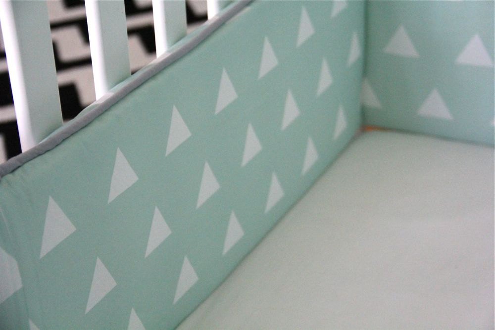 mint triangle crib bumper with gray piping and ties (ready to ship)