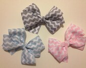 NEW SET of 3 CHEVRON SPRiNG BoWS GiRLY Baby Toddler 5" Girl Birthday Shower Gift Handmade Alligator Clip Bow Boutique Pink Blue Gray White