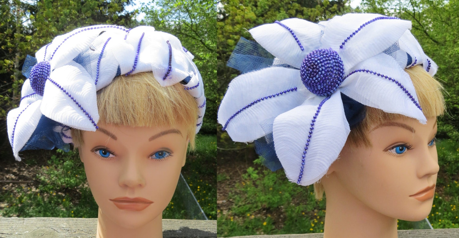 Vintage hat with large white flower and purple beads/ vintage wedding hat/ vintage white church hat/ flower petal fascinato/1960s hat