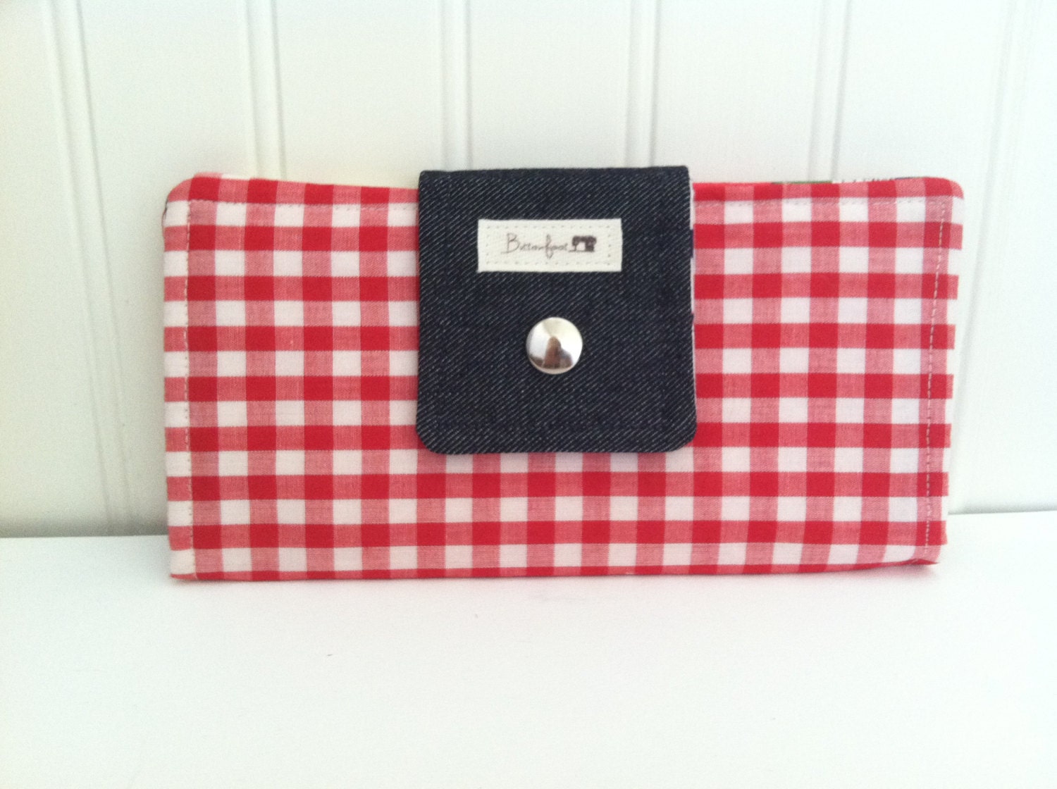 Womens Wallet Clutch 1950"s Style Red Vintage Gingham and denim with Modern Whimsical Ikea Fabric in primary Colors