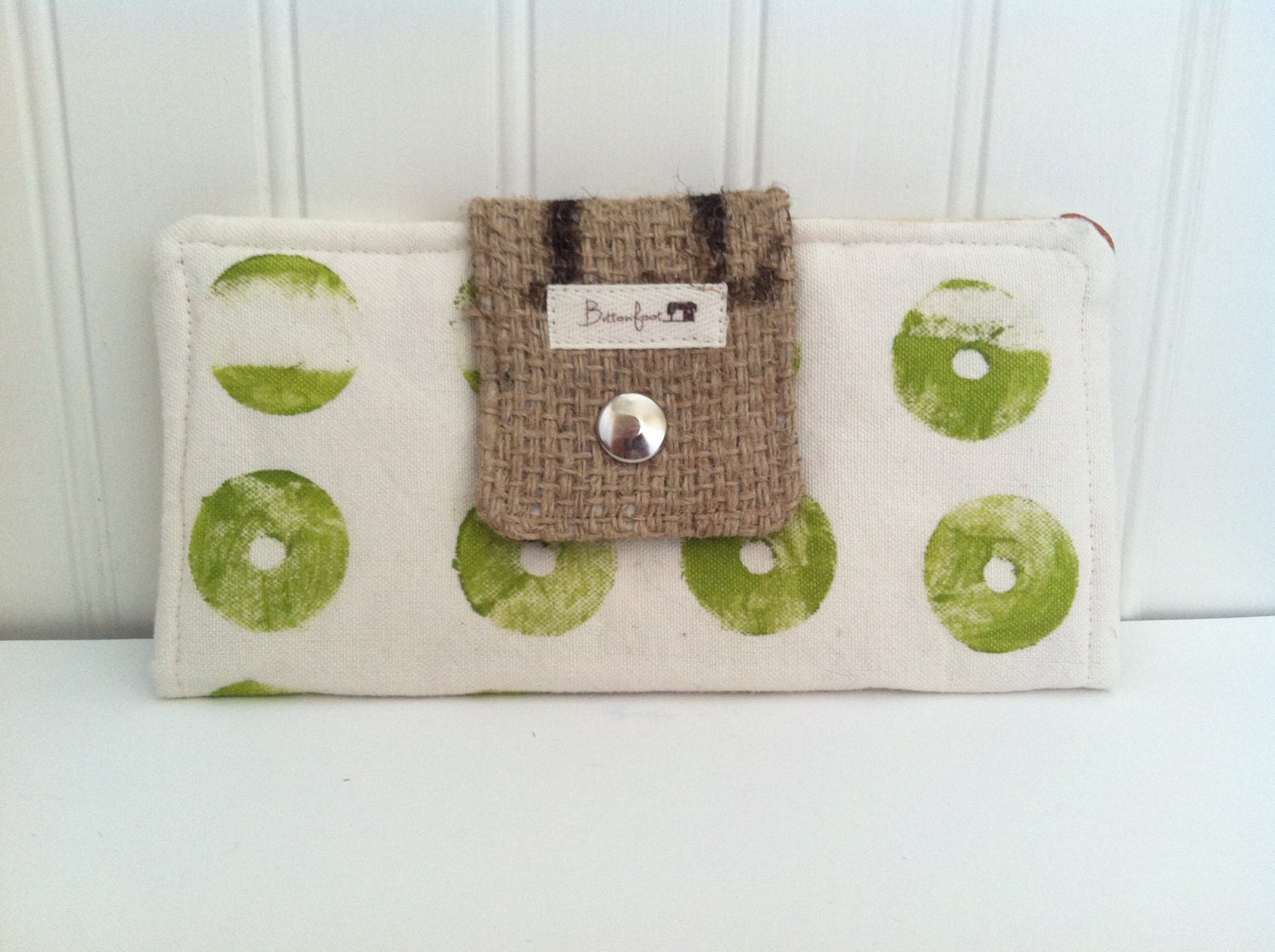 Hand Printed Green Circles Organic Cotton Women's Clutch Wallet with Chevron in Rust and Floral Print
