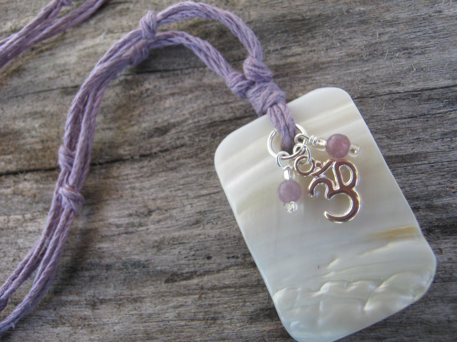 Lilac Om Mother of Pearl Boho Necklace with Lepidolite Bohemian Style