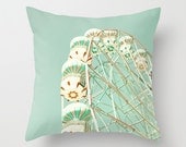 SALE, Turquoise Pillow, Cover Mint Pillow Ferris Wheel Turquoise Pillow Vintage Pillow Decoration 16 x 16 or 18 x 18